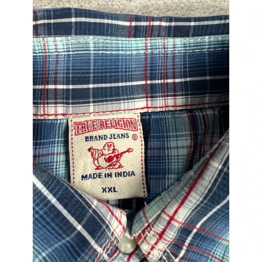 True Religion Shirt Mens XXL Blue Plaid Western Pearl Snap ML4BL68MDHP Cotton